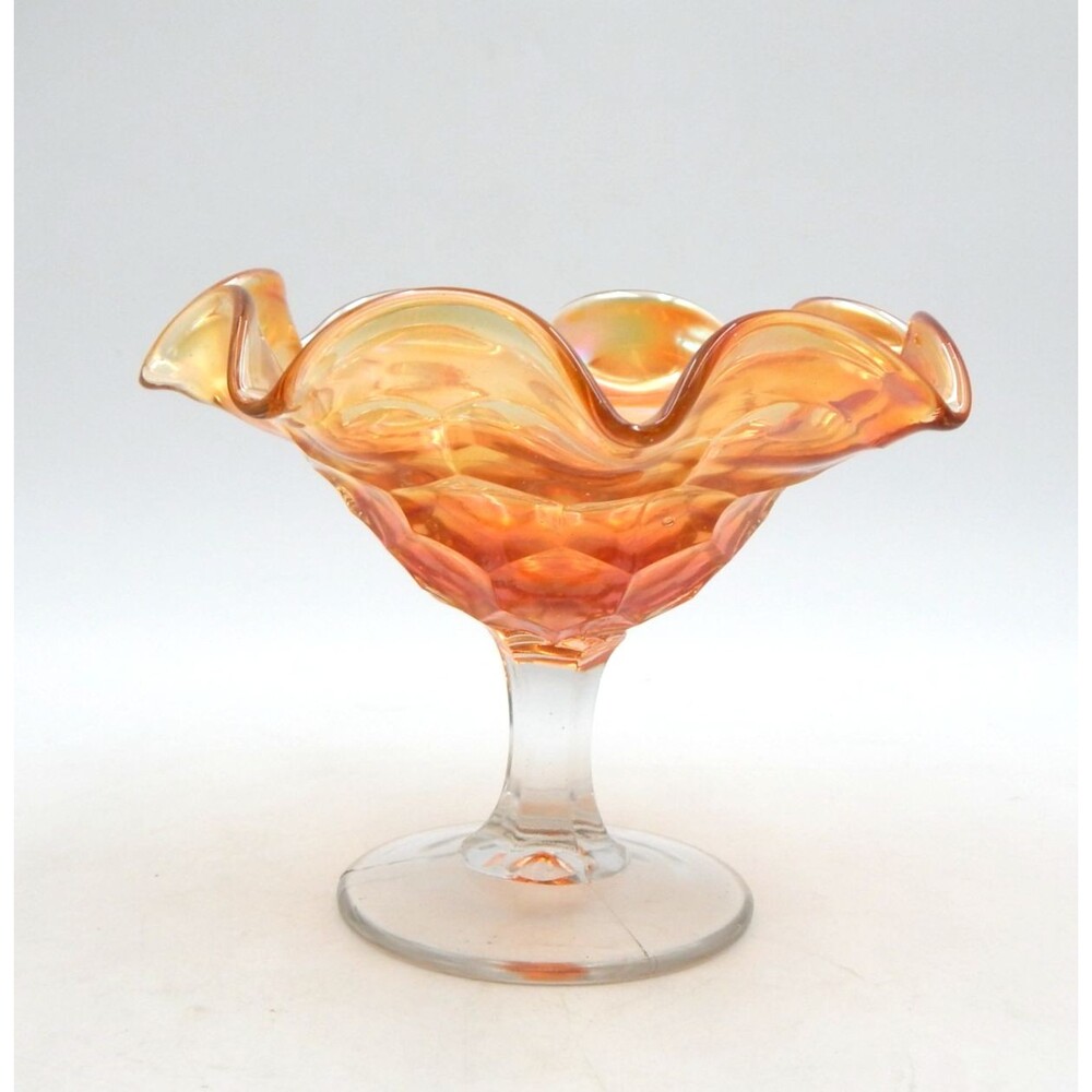 Marigold Carnival Glass Ruffle Pedestal Compote Candy Dish 4-1/2 Inches Tall